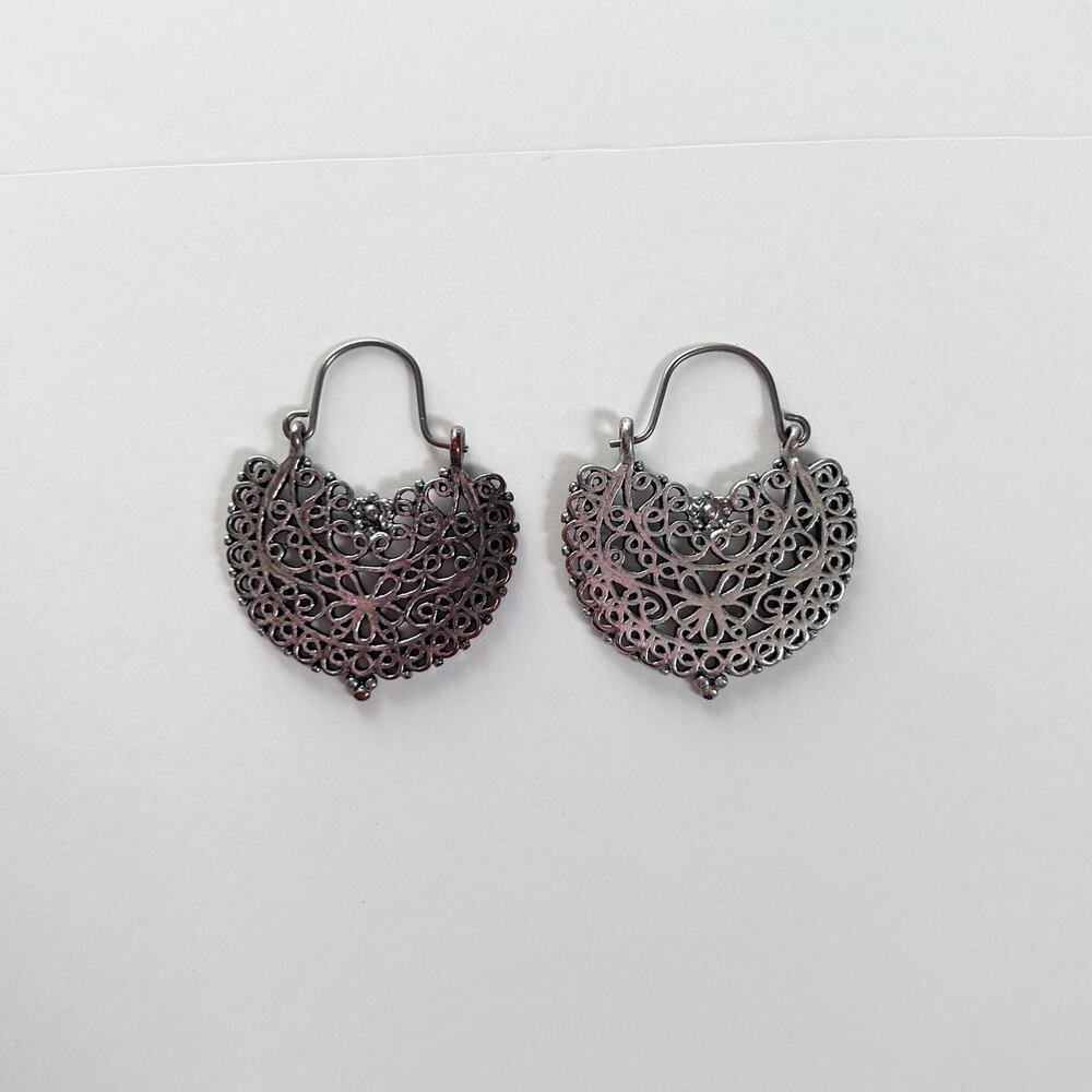 Silver Tone Ornate Moroccan Inspired Snap Bar Closure Statement Earrings